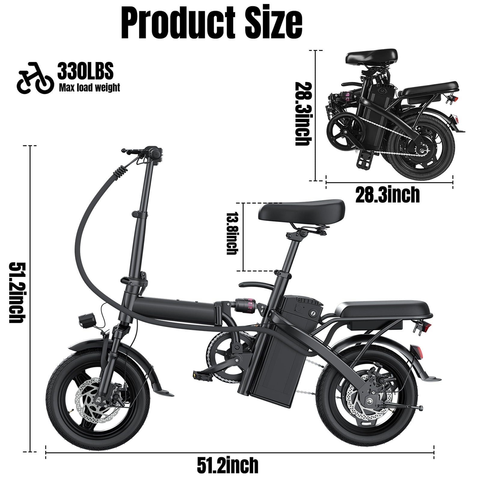 14 In Adult Folding Electric Bike - 48V 740W Peak Motor, 15Ah Battery, With 11 Shock Absorbers, Range Of 25-35 Miles, Maximum Load Capacity Of 330 Lbs, Portable Folding Design Black