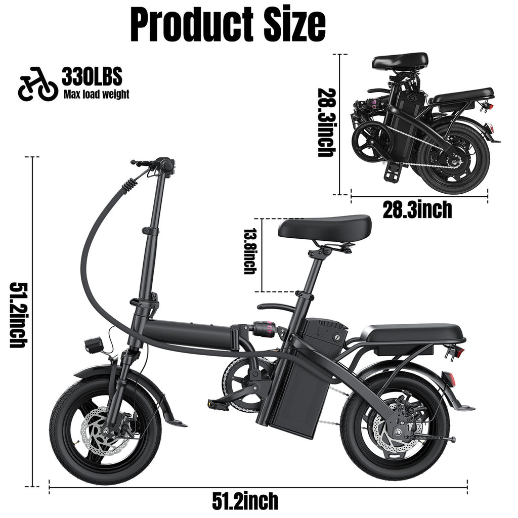 14 Inch Folding Electric Bicycle, 400W Adult Electric Bicycle, 48V 10.4Ah,Top Speed 19.9 Mph, Dual Disc Brake Safety System, 3-Speed Riding, Front Fork With Shock Absorption, Black