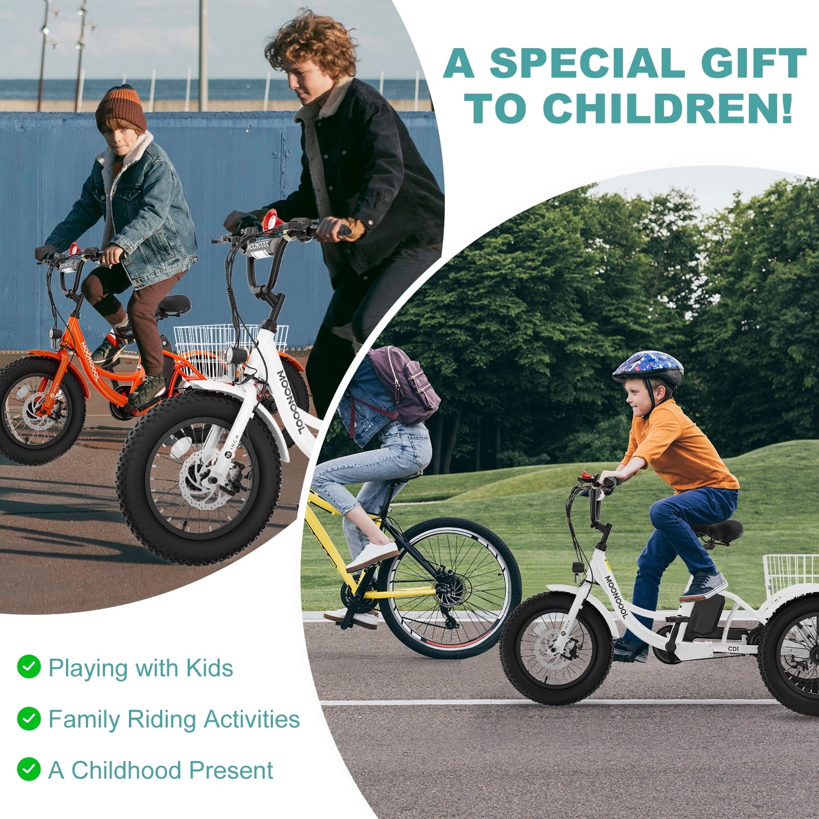 MOONCOOL Electric Tricycle for Kids ,16x3 3 Wheel 250W 10.4Ah Etrike W/ LED headlight & Rear Basket & horn bell & DIY stickers，6/9/12.5 MPH