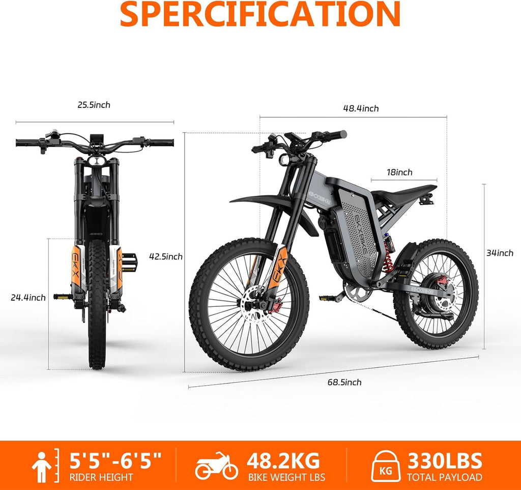 EKXBIKE Peak 6000W X21 Max Electric Bike for Adults,60V 30Ah Battery Off-Road E-Bike,50 MPH Electric Motorcycle,19x2 All Terrain Tires,Dual Suspension Mountain Ebike UL2849