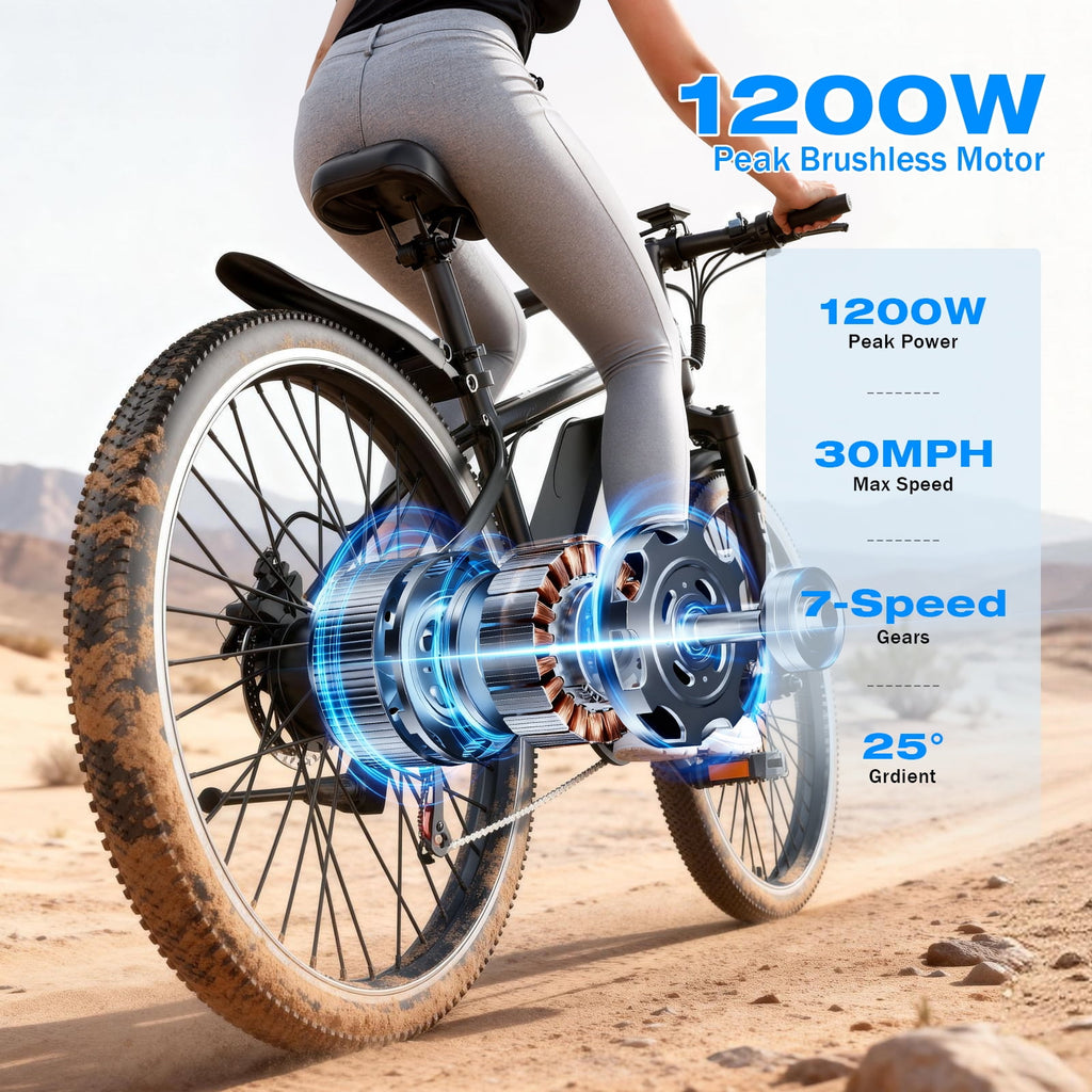 1200W Adult Electric Mountain Bike, 48V 10A Removable Battery-65 Miles, 26 Professional Shock Absorbing Tires,30MPH Off-Road Motorcycle,7 Speed Ebike,UL2849