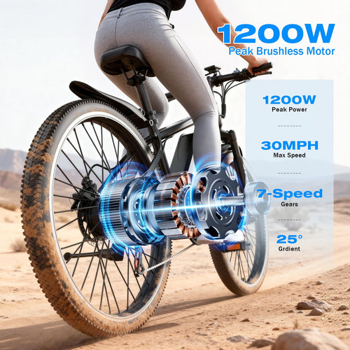 1200W Adult Electric Mountain Bike, 48V 10A Removable Battery-65 Miles, 26 Professional Shock Absorbing Tires,30MPH Off-Road Motorcycle,7 Speed Ebike,UL2849