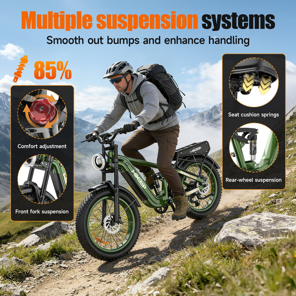 Electric Bike for Adults, 2000W 4000W Peak Motor, 48V 25Ah Removable Battery, 26x4.0 Fat Tire Ebike, 7-Speed Shimano, Front Fork & Linkage Suspension, Rear Rack, 40MPH, UL2849, Green