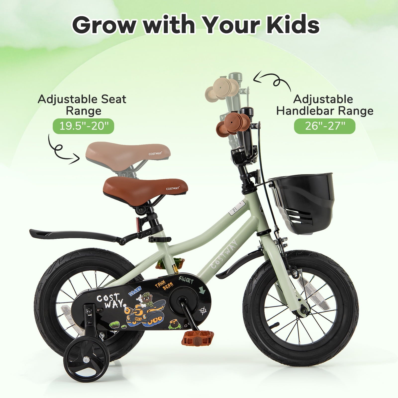 Costway 12 Kid’s Bike with Training Wheels Adjustable Handlebar & Seat Handbrake Green