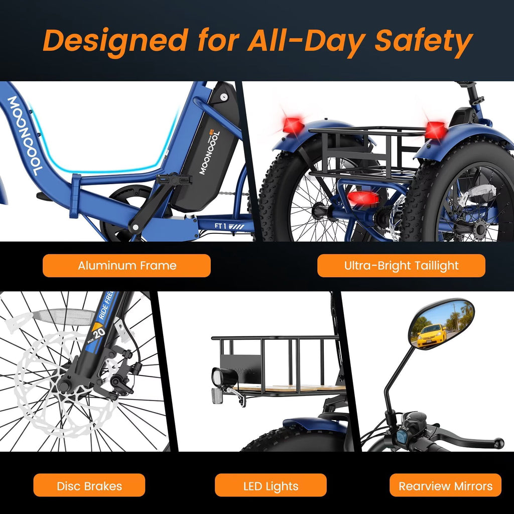 MOONCOOL Folding Electric Tricycle for Adults, 20 x 4 Fat Tire Electric Trike, 48V Peak 1092W  Electric Bicycle, 3 Wheels 7 Speed Ebike w/ 14.5Ah Removable Battery& Speed Differential Mechanism