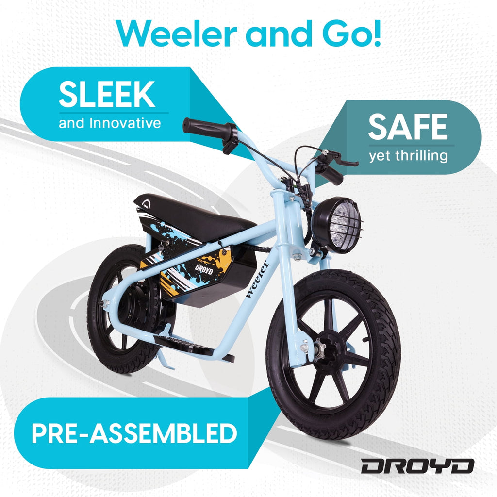 Droyd Weeler Electric Mini Bike - 24V 8Ah Battery, 6-10 MPH, Up to 8 Miles, LED Lights, Kids Ages 6+ - Blue