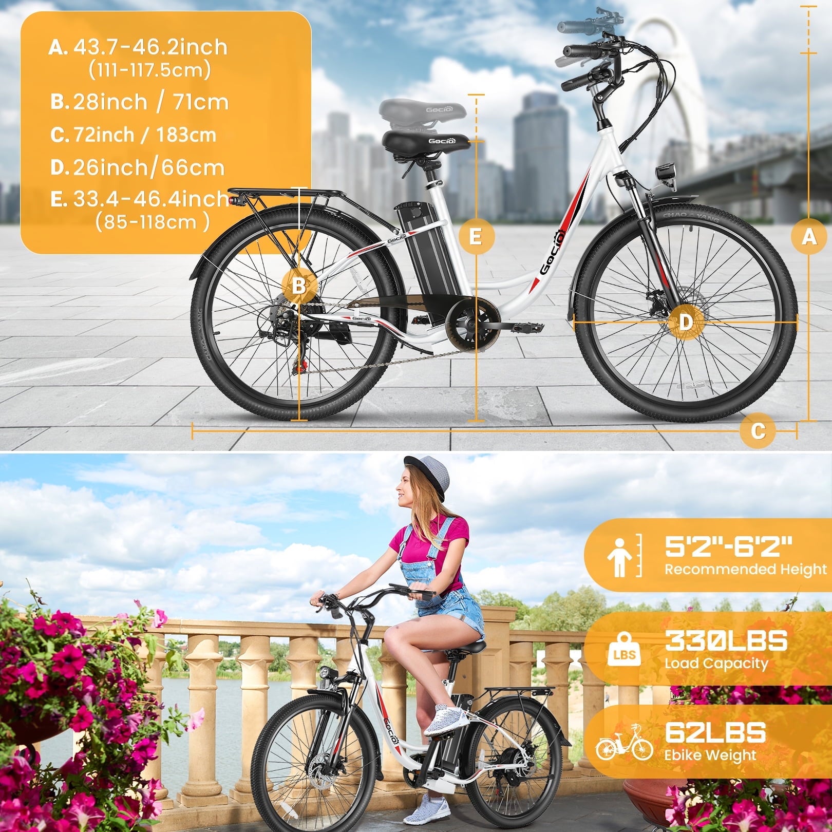 Gocio 26 Electric Bike for Adults, 750W Peak Motor Commuter E-Bike, 48V 7.8Ah Battery, 7-Speed, UL2849