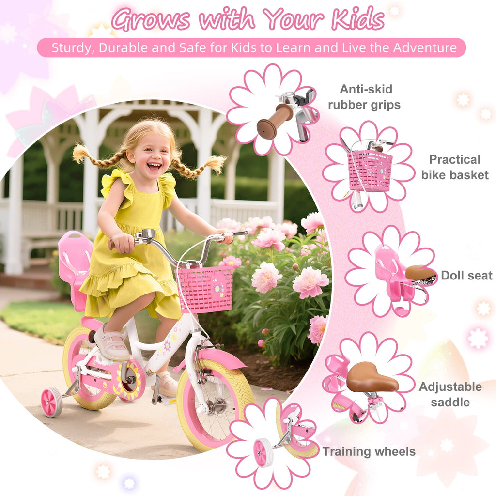 XJD 12 inch Kids Girls Bike for Ages 2-4 Years Child With Training Wheel 12 Children Bicycle With Handbrake Basket Toddler Cycle Bikes Pink