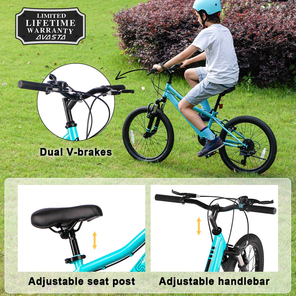 AVASTA 20'' Big Kids Mountain Bike for Age 6 7 8 9 10 11 12 Years Old Boys Girls Teen with Suspension Fork Front & Rear Dual Hand Brakes 6 Speeds Drivetrain, Green