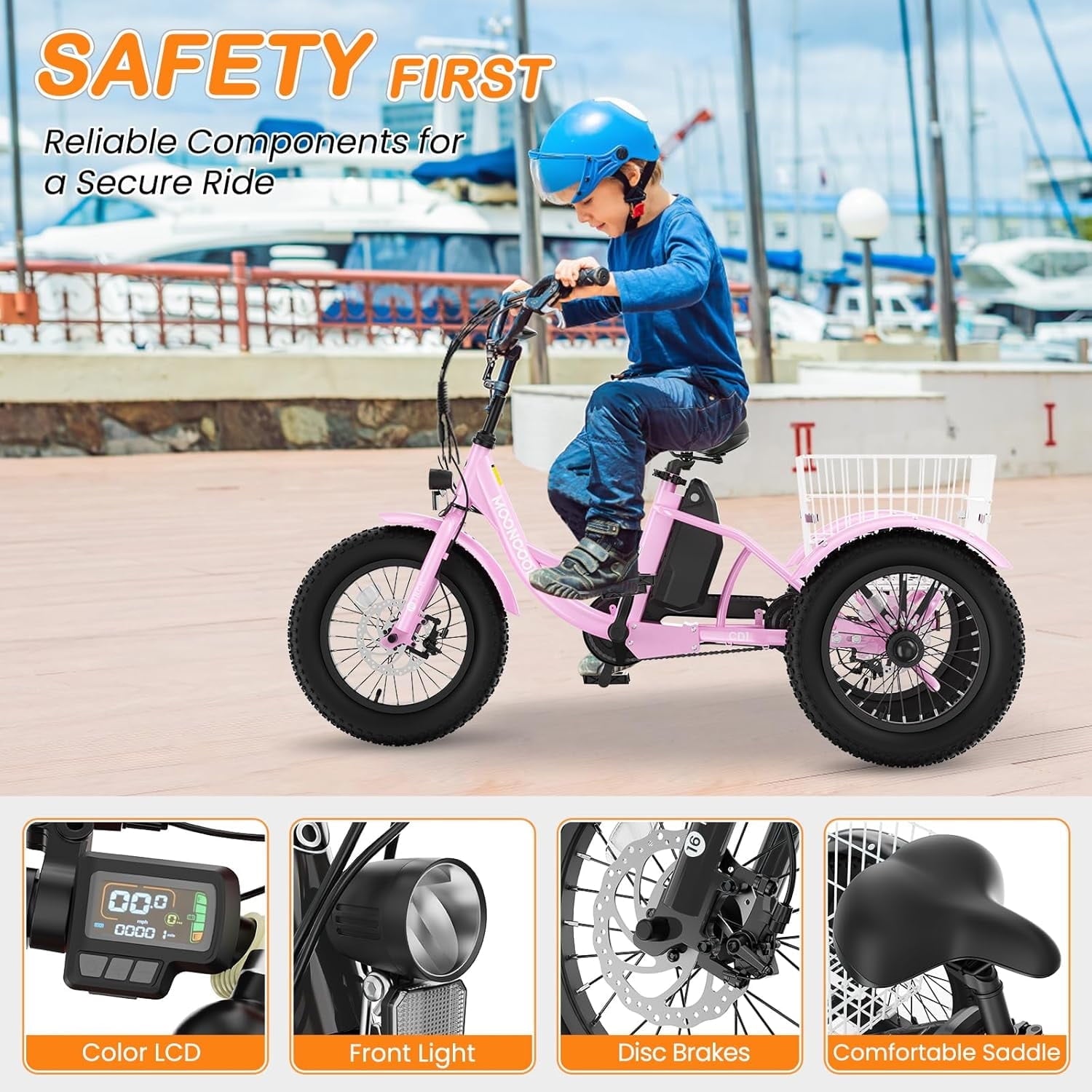 MOONCOOL Electric Tricycle for Kids ,16x3 3 Wheel 250W 10.4Ah Etrike W/ LED headlight & Rear Basket & horn bell & DIY stickers，6/9/12.5 MPH