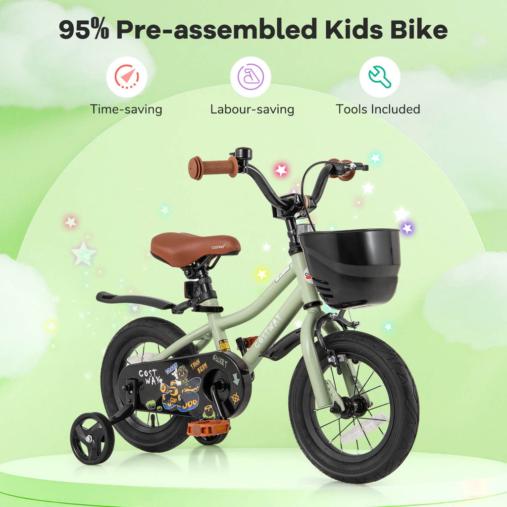 Costway 12 Kid’s Bike with Training Wheels Adjustable Handlebar & Seat Handbrake Green