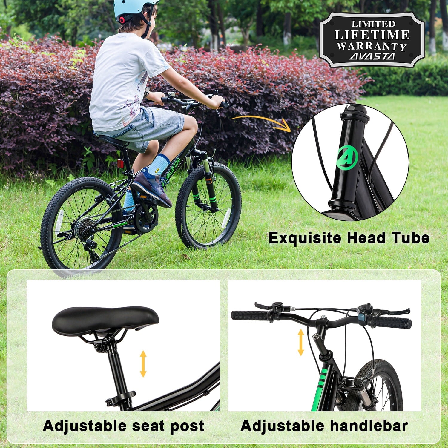 AVASTA 20'' Big Kids Mountain Bike for Age 6 7 8 9 10 11 12 Years Old Boys Girls Teen with Suspension Fork Front & Rear Dual Hand Brakes 6 Speeds Drivetrain, Green