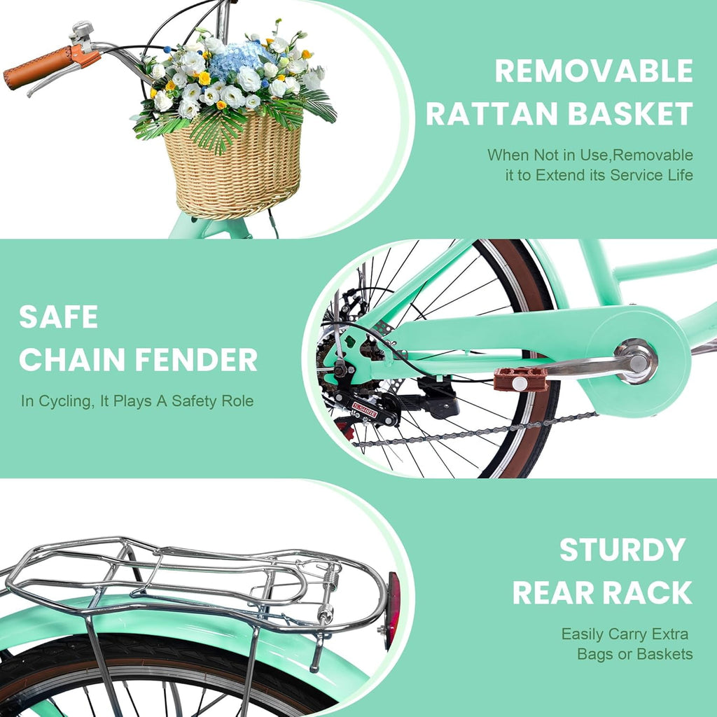 24 Beach Cruisers for Women, Pipleo Bikes for Women with Rattan Basket, 7-Speed & Step-Through Frame