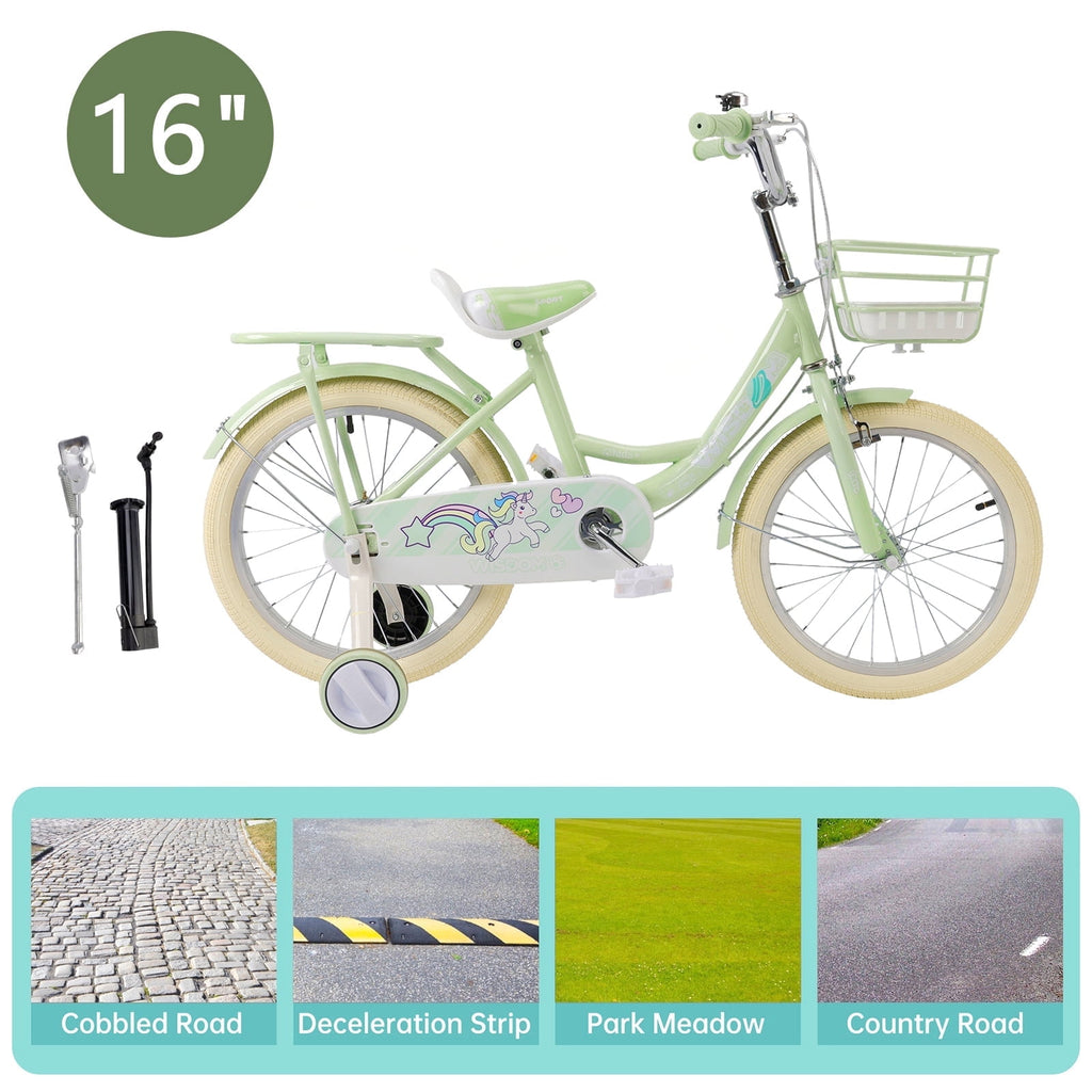 16/18 Inch Bike Kids Bicycle with Basket, Girls Bikes Ages 5-10, Kids Bicycles with Front and Rear Brakes, Kid Bike with Training Wheels, Kickstand, Rear Seat