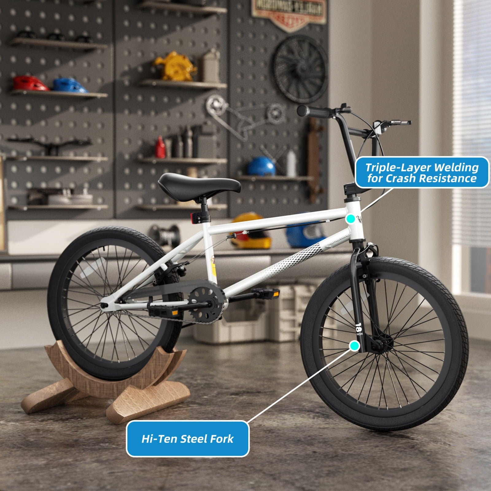 Korimefa Freestyle BMX Bikes, 18 inch Kids Bicycles for 7-12 Years Old Boys Child Tween Teen, with Aluminum Alloy U-Brake, Rear R-Brake, Hand Brake Levers & Front Rear Pedals, White