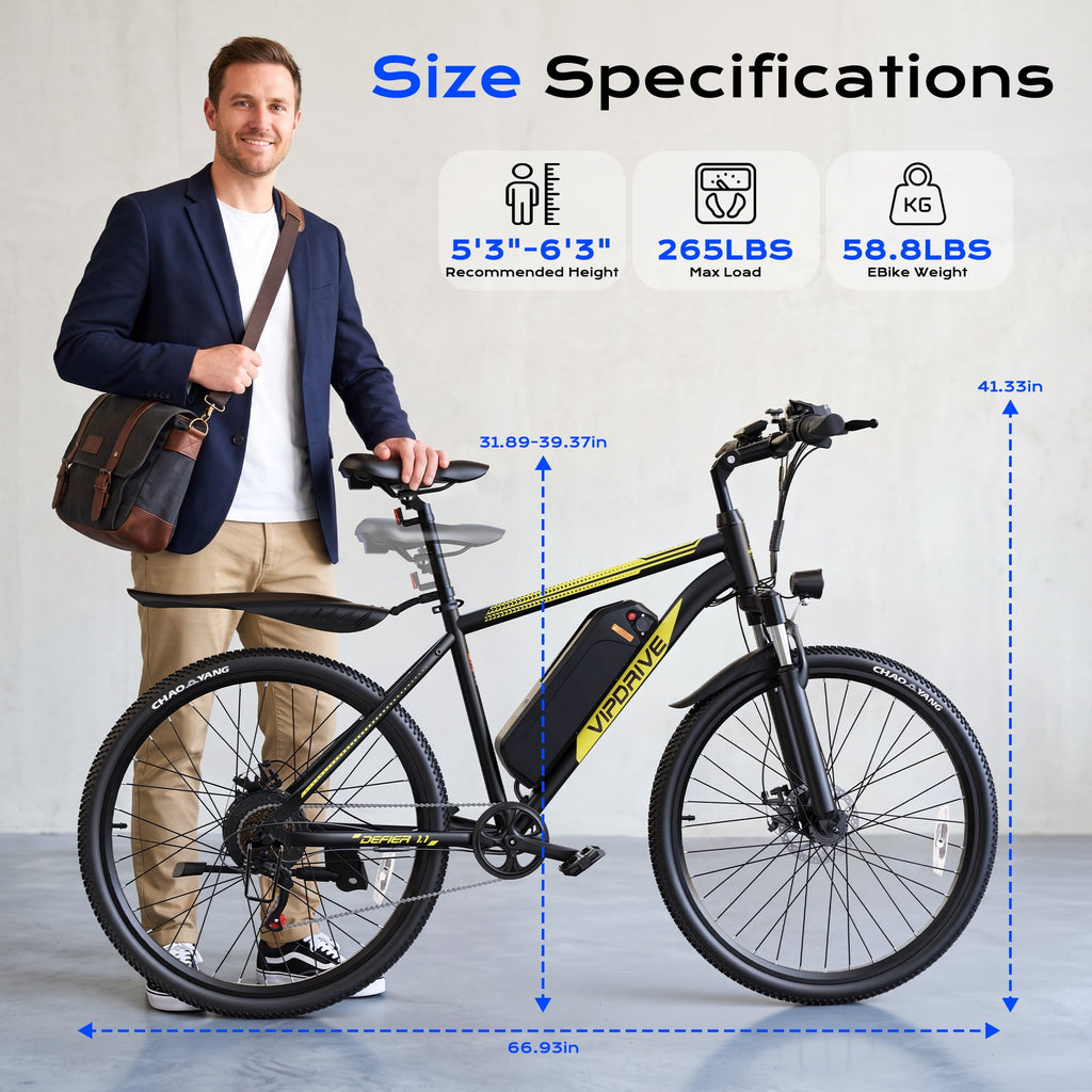 VIPDRIVE Electric Bike for Adults, 26'' 750W Peak Ebike, 48V 7.8AH Removable Battery，Up to 40 Miles 20MPH Electric Mountain Bike，Front Fork Suspension，UL2849