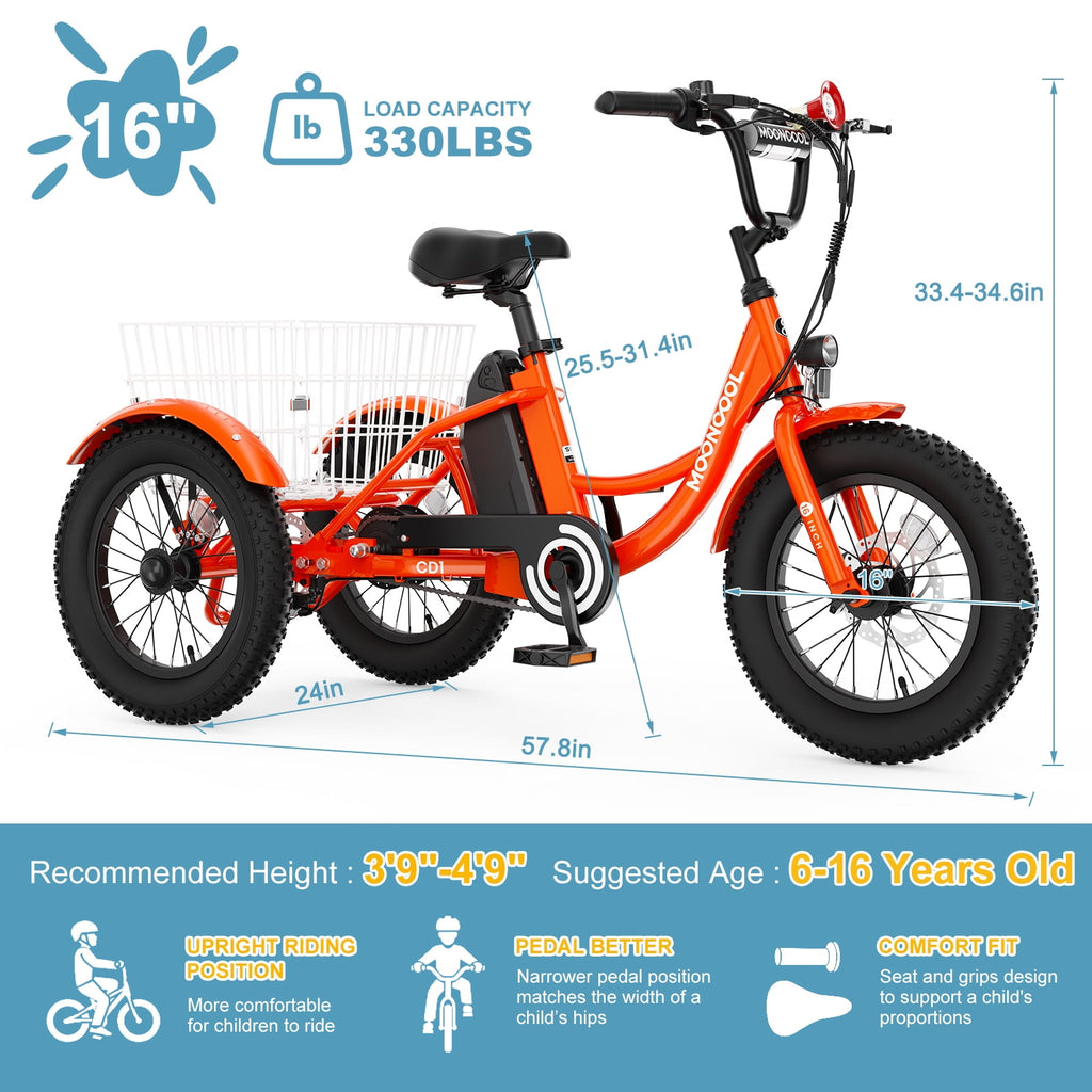 MOONCOOL Electric Tricycle for Kids ,16x3 3 Wheel 250W 10.4Ah Etrike W/ LED headlight & Rear Basket & horn bell & DIY stickers，6/9/12.5 MPH