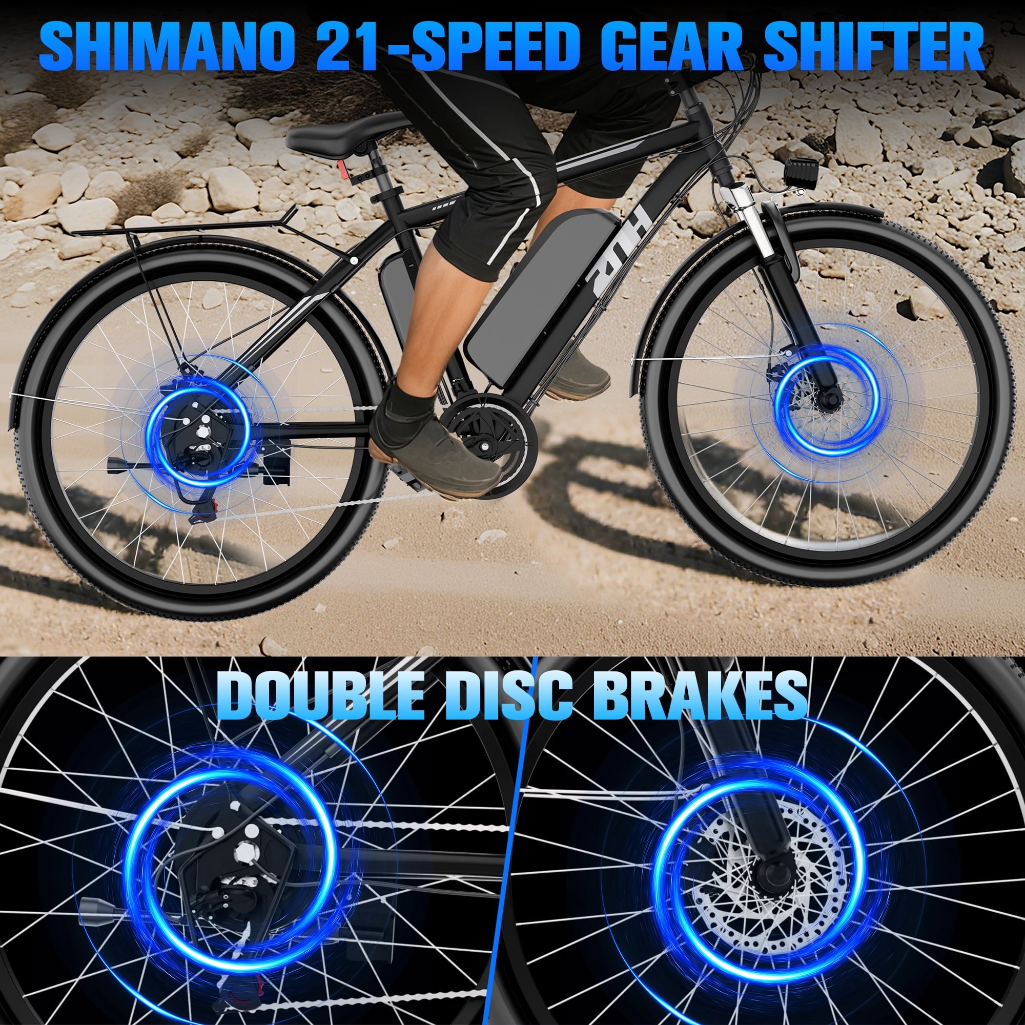ZNH 1000w Peak Electric Bike for Adults – Electric Mountain Bike w 52V 13Ah Removable Battery ,26 off-road Ebike, Shimano 21-Speed, UL 2849，Black