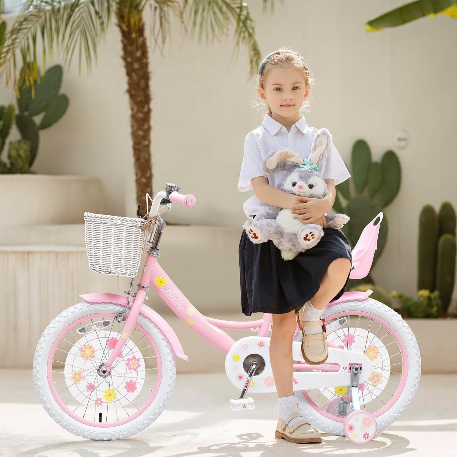 ACEGER 14 Inch Girls Bike with Basket, Training Wheels, Doll Seat, Purple Kids Bicycle for Ages 3-5