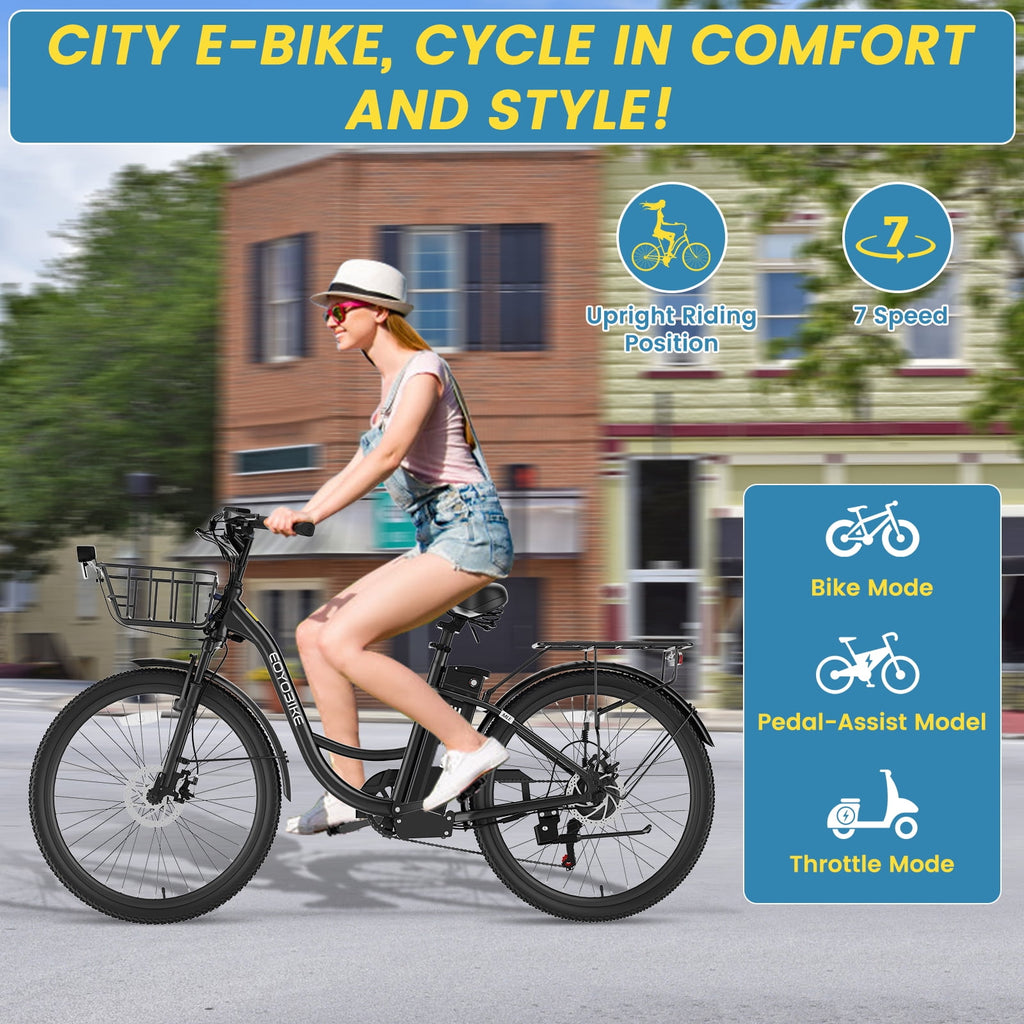 MOONCOOL Electric Bicycle for Adults 350W , 7-Speed Ebike with 36V 10.4Ah Removable Battery， 40 Miles Range , 20 mph Electric Commuter Bike for Women Men