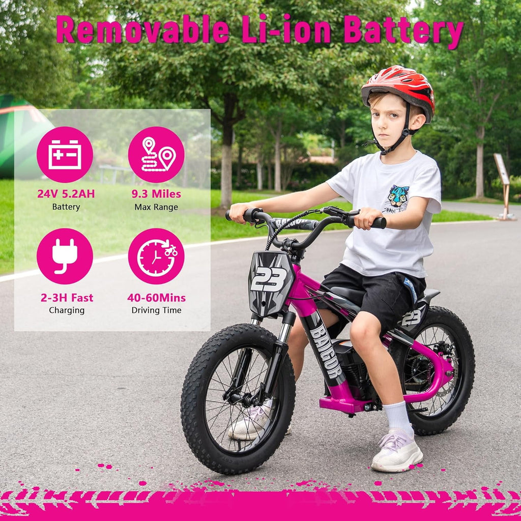NEORIVER Electric Dirt Bike for Kids Ages 6-12, 250W Electric Motorcycle Up to 15.5MPH, 24V Detachable Battery, 16'' Inflatable Tire Electric Balance Bike with Kickstand