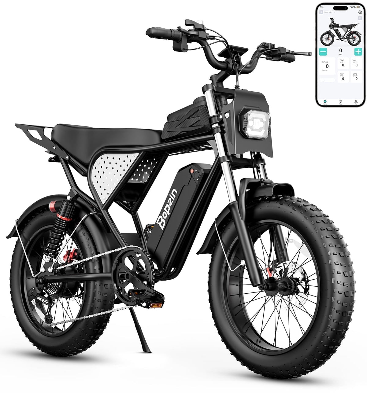 Bopzin Electric Bike for Adults, Peak 1500W App & Anti-Theft, 48V/25Ah, 20x4.0 Fat Tire Ebike, UL2849 E-Mountain Bike