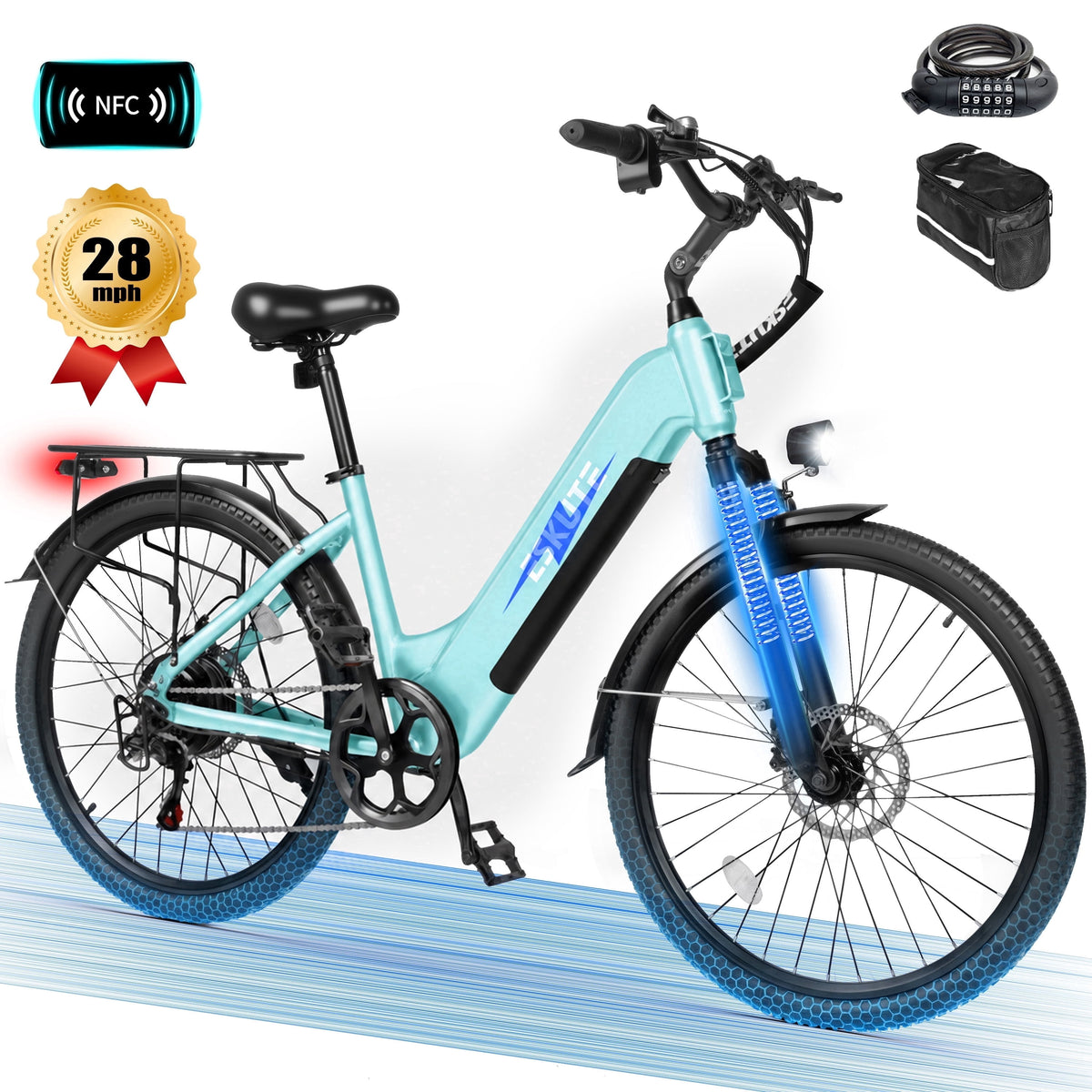 ESKUTE C200 Electric Bike for Adults, 1300W Peak Power Ebike, 28MPH Step-Thru E-Bicycle with 840Wh Removable Battery, Up to 70 Miles, 26 Tires, 7 Speed Adjustable Stem,white, UL2849