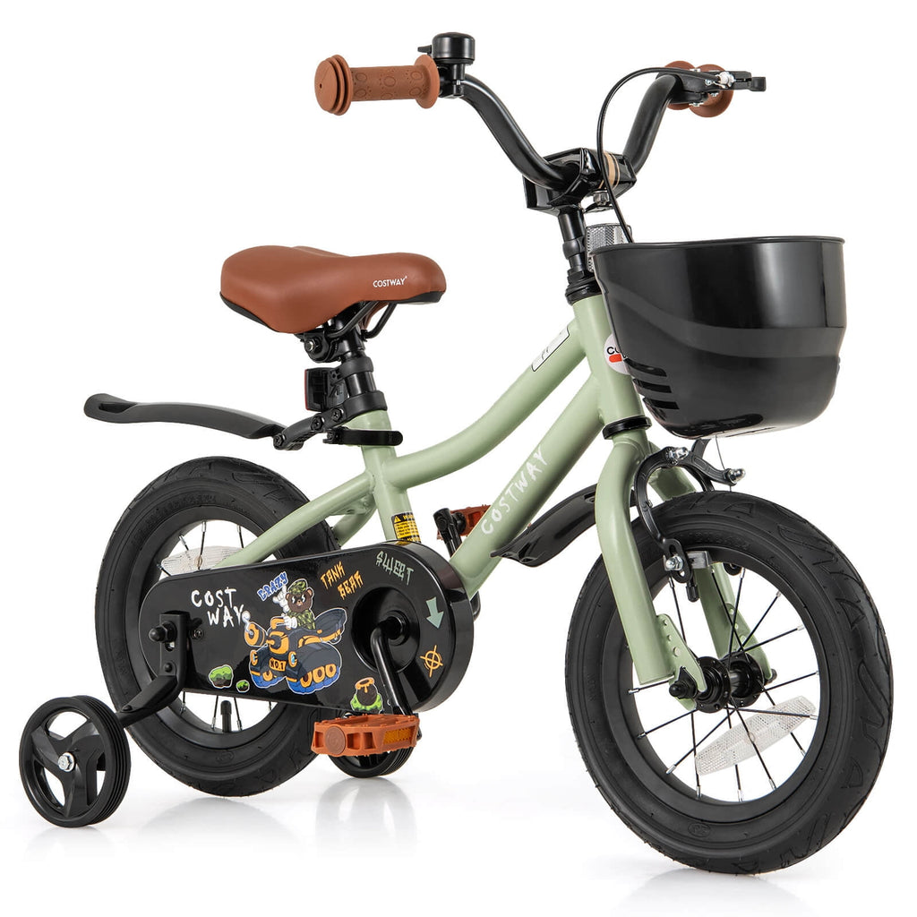 Costway 12 Kid’s Bike with Training Wheels Adjustable Handlebar & Seat Handbrake Green