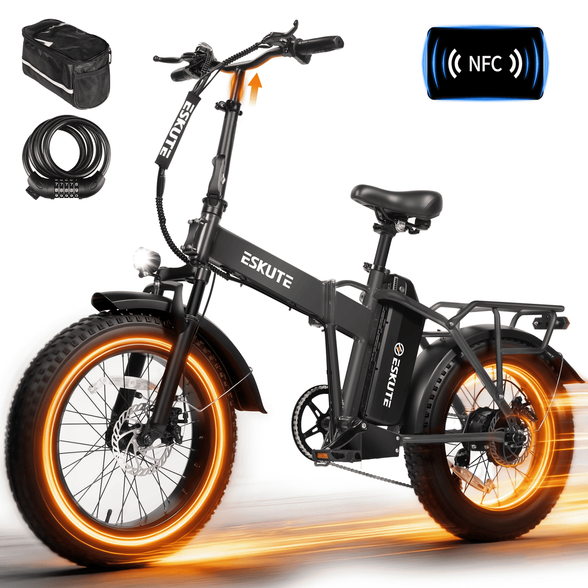 ESKUTE D300 Electric Bike for Adults, Folding Ebike with 1200W Peak Motor 28MPH, 48V 20.8Ah Removable Battery, 20x4.0 Fat Tires, 80 Miles 7-Speed Gear, NFC Unlock,Black, UL2849