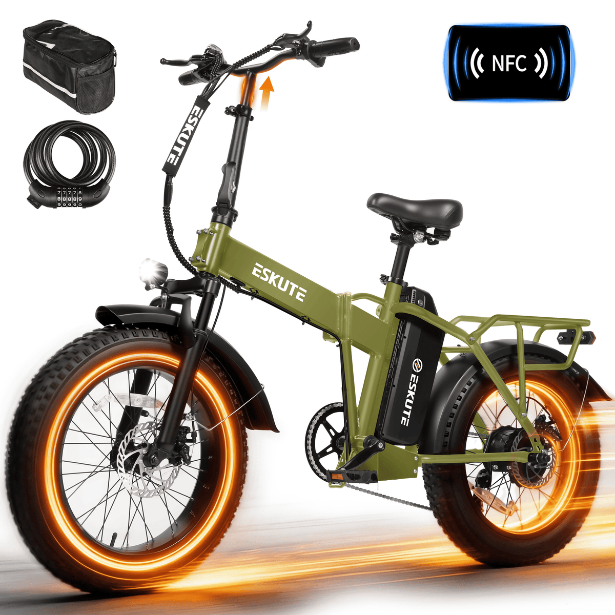 ESKUTE D300 Electric Bike for Adults, Folding Ebike with 1200W Peak Motor 28MPH, 48V 20.8Ah Removable Battery, 20x4.0 Fat Tires, 80 Miles 7-Speed Gear, NFC Unlock,Black, UL2849