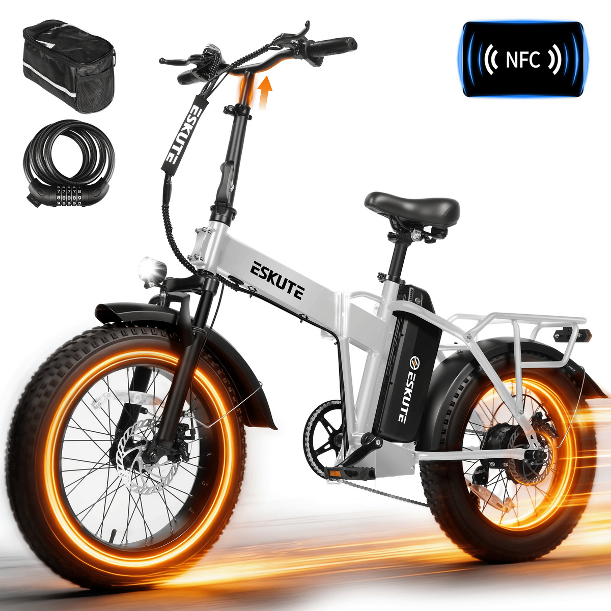 ESKUTE D300 Electric Bike for Adults, Folding Ebike with 1200W Peak Motor 28MPH, 48V 20.8Ah Removable Battery, 20x4.0 Fat Tires, 80 Miles 7-Speed Gear, NFC Unlock,Black, UL2849