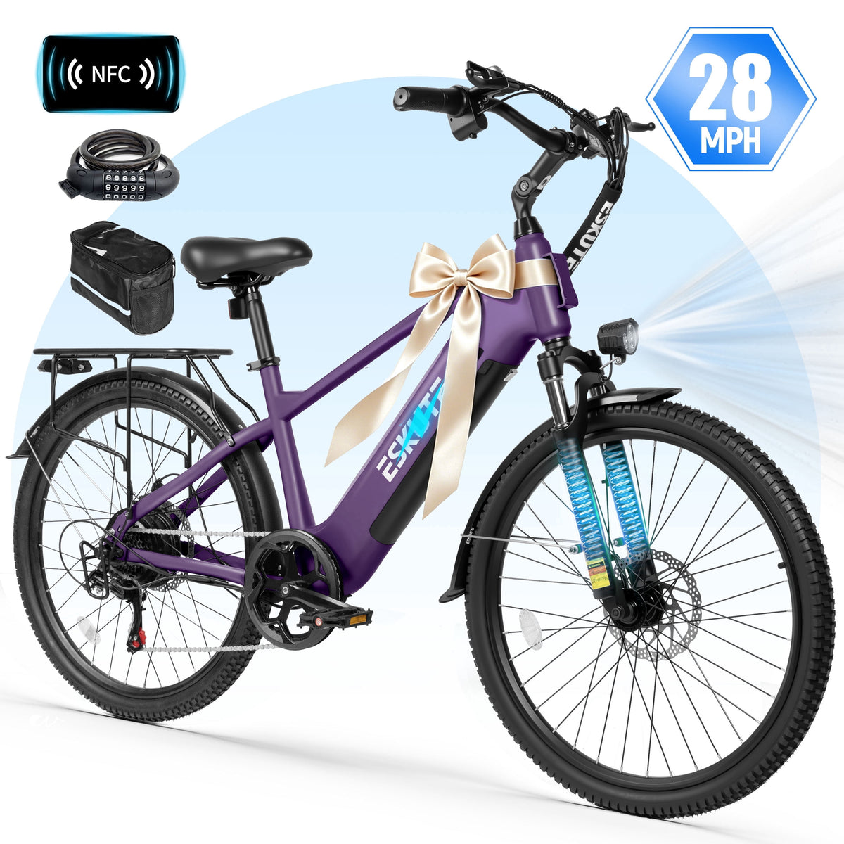 ESKUTE C200D 70-Mile Electric Bike for Adults, 840Wh Removable Battery, 1300W Peak Motor, Up to 28MPH, 26 Tires, 7-Speed Step-Over E-Bike White, UL2849