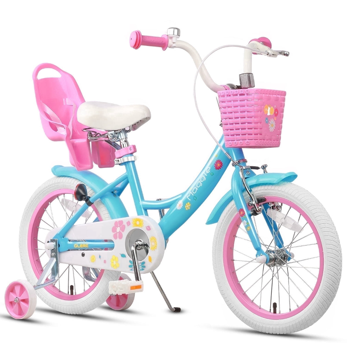 Glerc Maggie 14 inch Kids Girls Bike for Ages 3-5 Years Old Children, Princess Style Kids Bicycle with Doll-Seat & Basket & Training Wheels, Pink