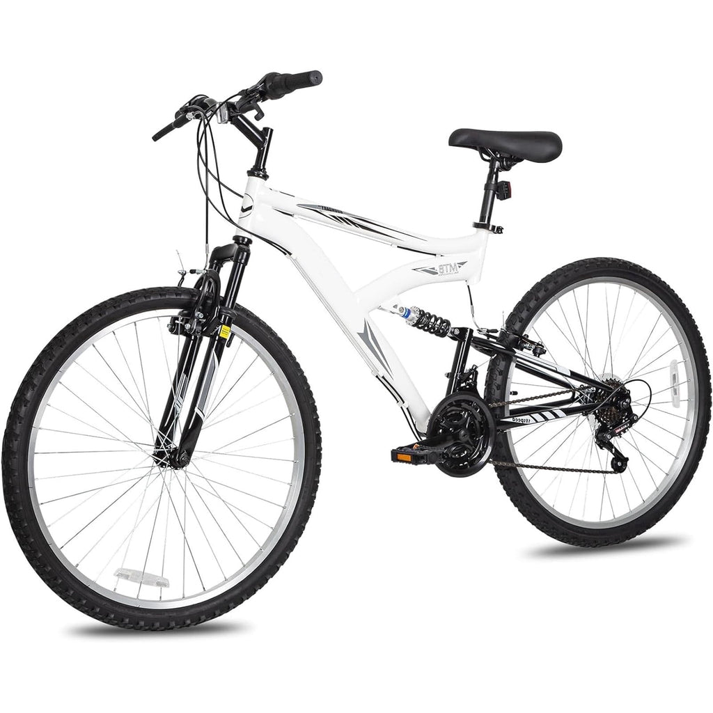 Hykolity 26 in Mountain Bike Sport Bicycle, 18 Speed Mtb Cycling for Adult Men Women Age 14+, Dual Full Suspension Outdoor Sport Bikes, White