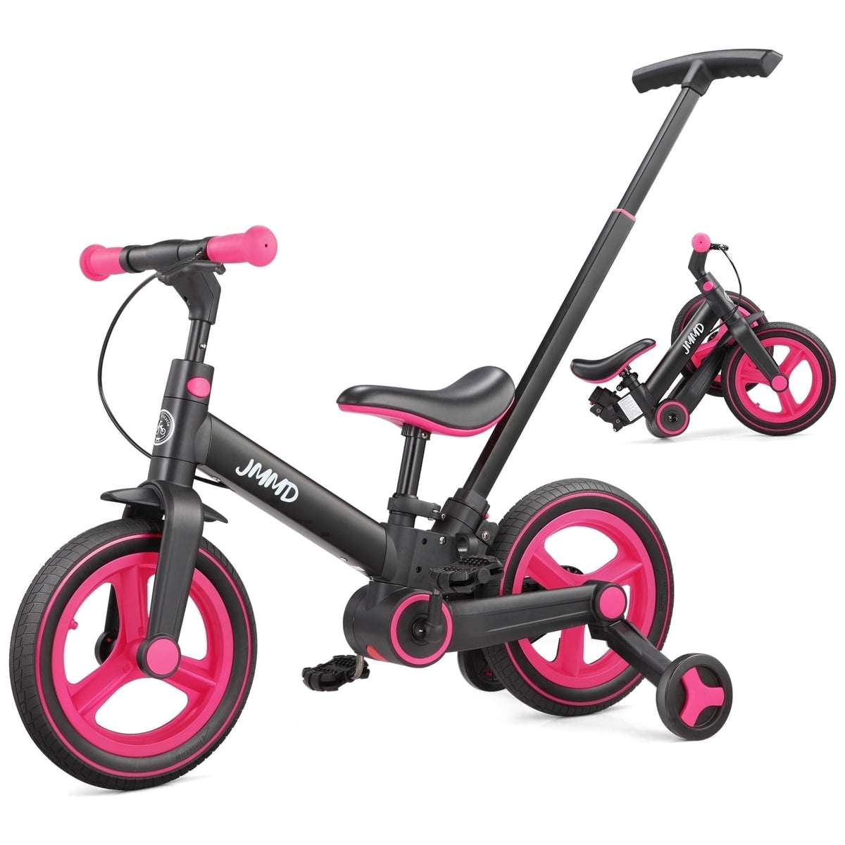 JMMD Toddler Bike with Push Handle for Kid 18-60 Months, 6 in 1 Foldable Tricycle with Training Wheel, Pedals, Kid Balance Bike for Boy & Girl, Black