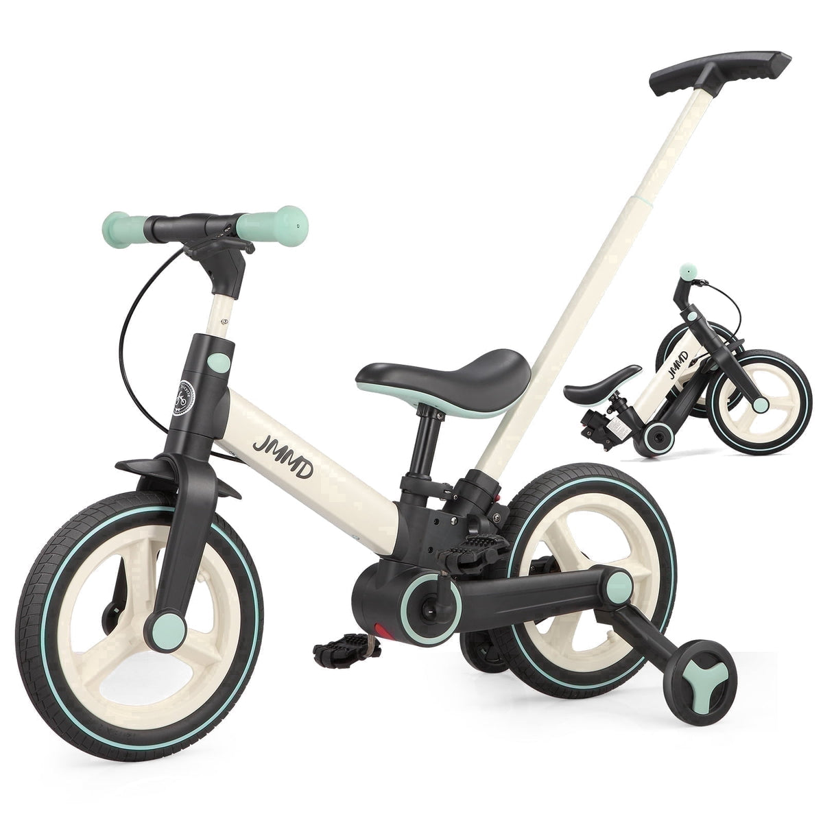 JMMD Toddler Bike with Push Handle for Kid 18-60 Months, 6 in 1 Foldable Tricycle with Training Wheel, Pedals, Kid Balance Bike for Boy & Girl, Black