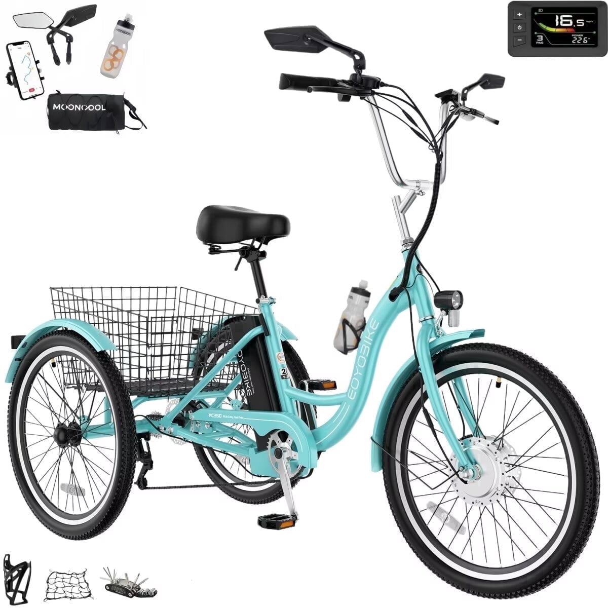 MOONCOOL Electric Trike for Adults w/ Rearview Mirror kit, 700W Peak Motor 10.4Ah battery，24/26 7 Speeds 3 Wheels Low Step Through Unisex Electric Trikes，35-60Miles
