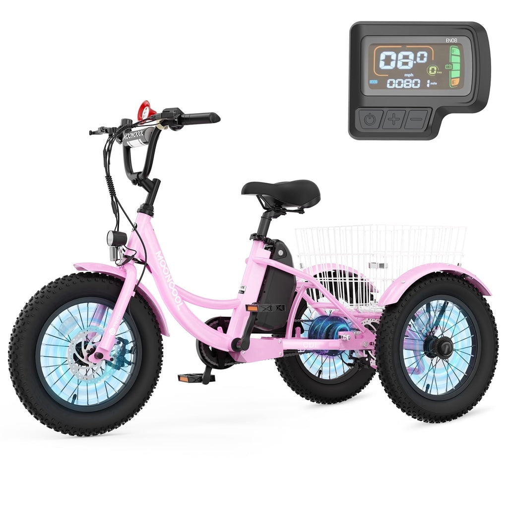 MOONCOOL Electric Tricycle for Kids ,16x3 3 Wheel 250W 10.4Ah Etrike W/ LED headlight & Rear Basket & horn bell & DIY stickers，6/9/12.5 MPH