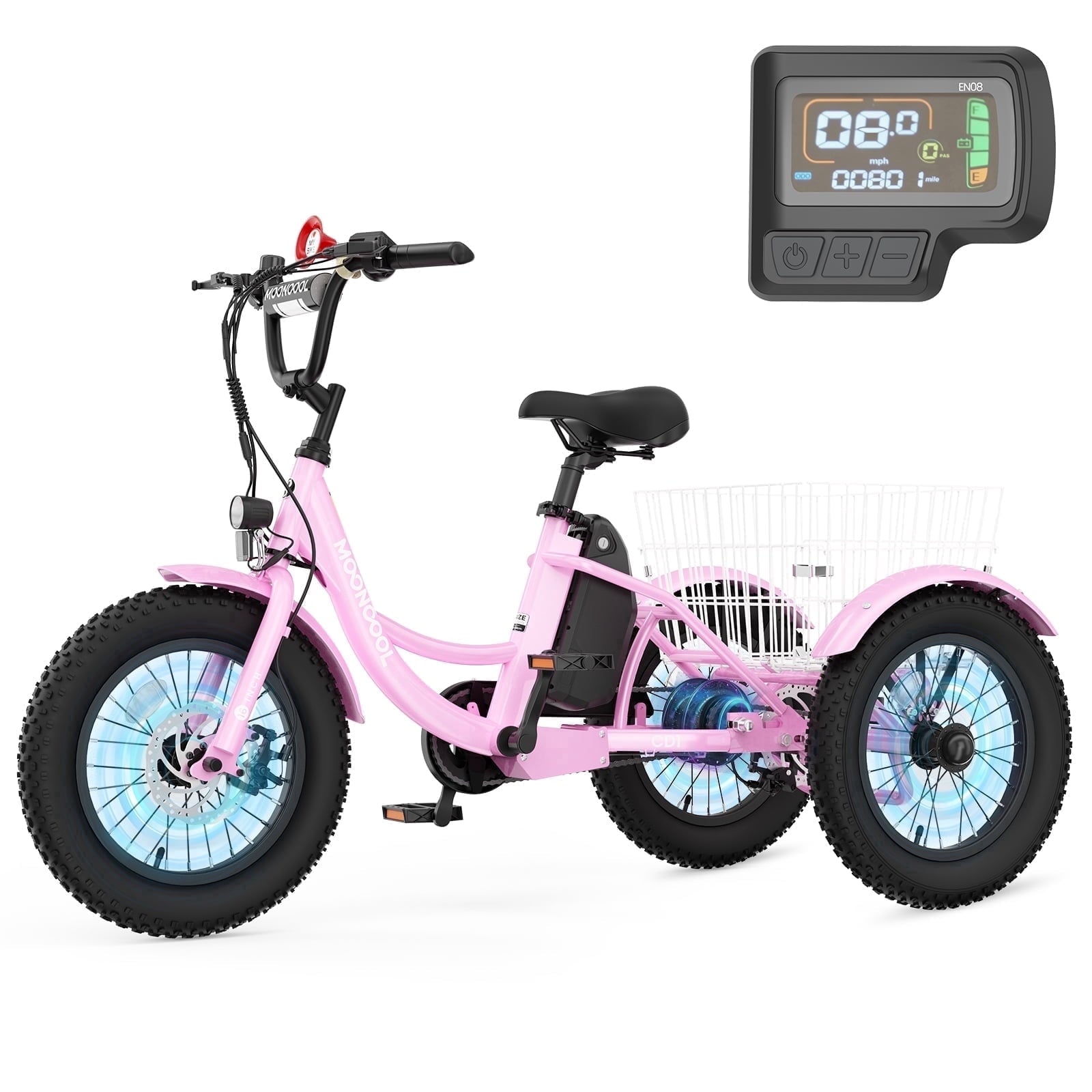 MOONCOOL Electric Tricycle for Kids ,16x3 3 Wheel 250W 10.4Ah Etrike W/ LED headlight & Rear Basket & horn bell & DIY stickers，6/9/12.5 MPH