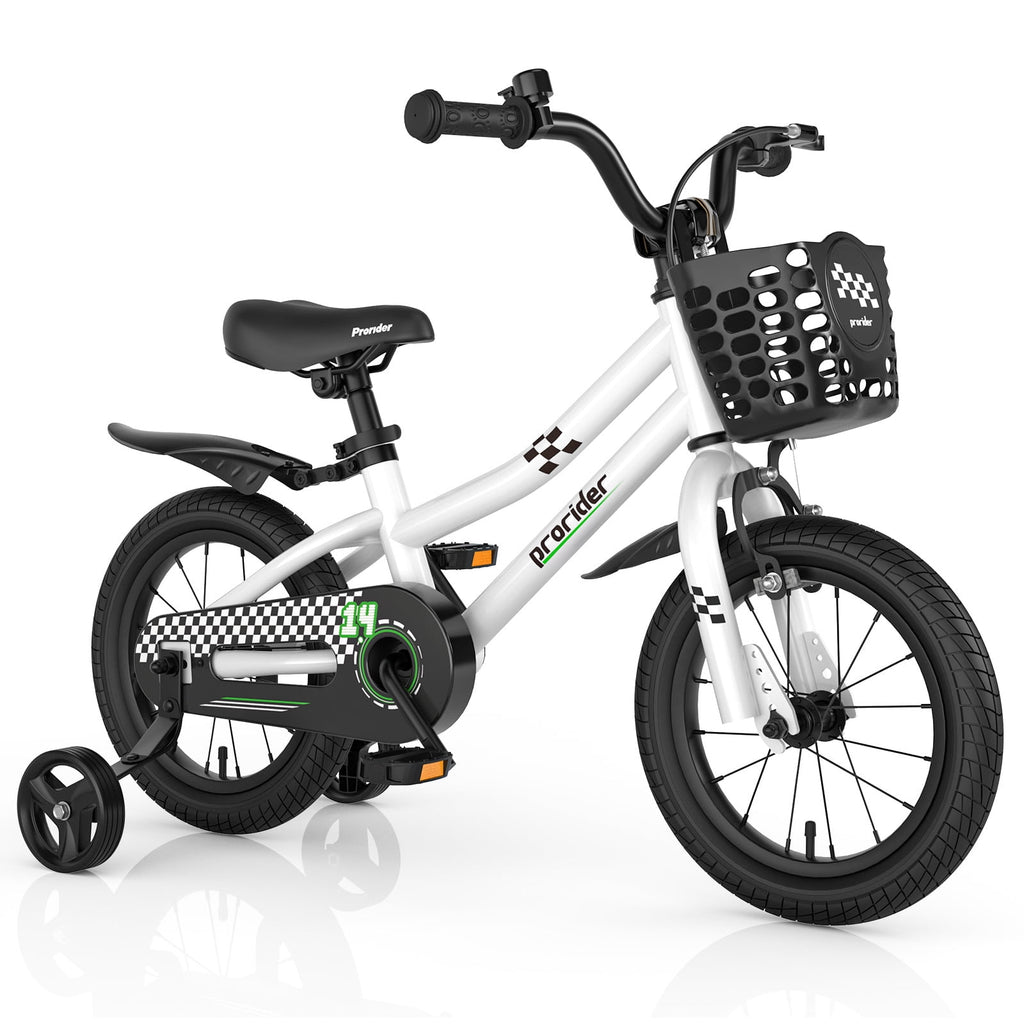Costway 14'' Kid's Bike with Removable Training Wheels & Basket for 3-5 Years Old White