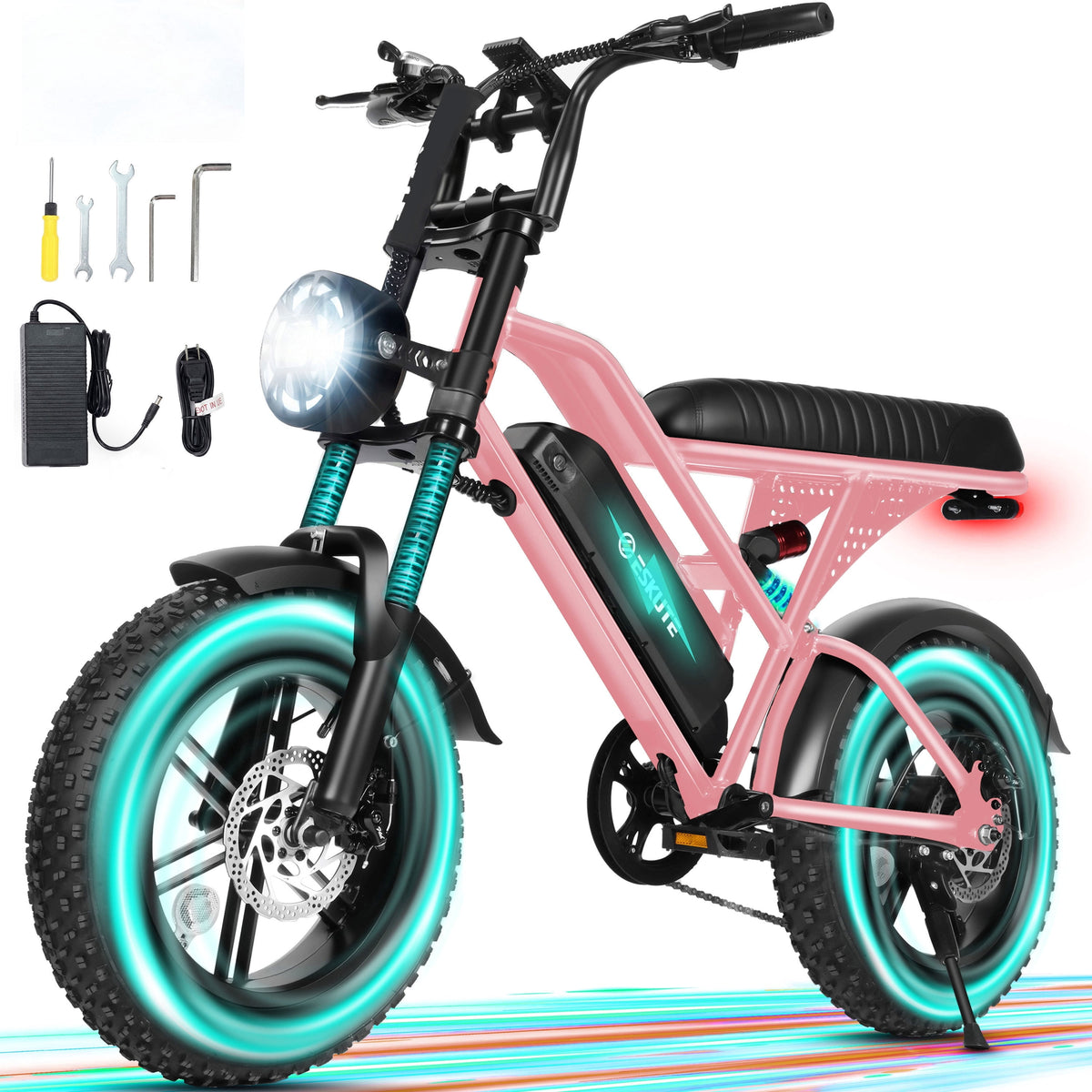 ESKUTE V100 Electric Bike for Teens Adults, 750W Peak 1500W 28 Mph 48V 13 Ah,16x4.0 Fat Tire E Bicycle, 7-Speed E-Bike with Dual Suspension, UL2849