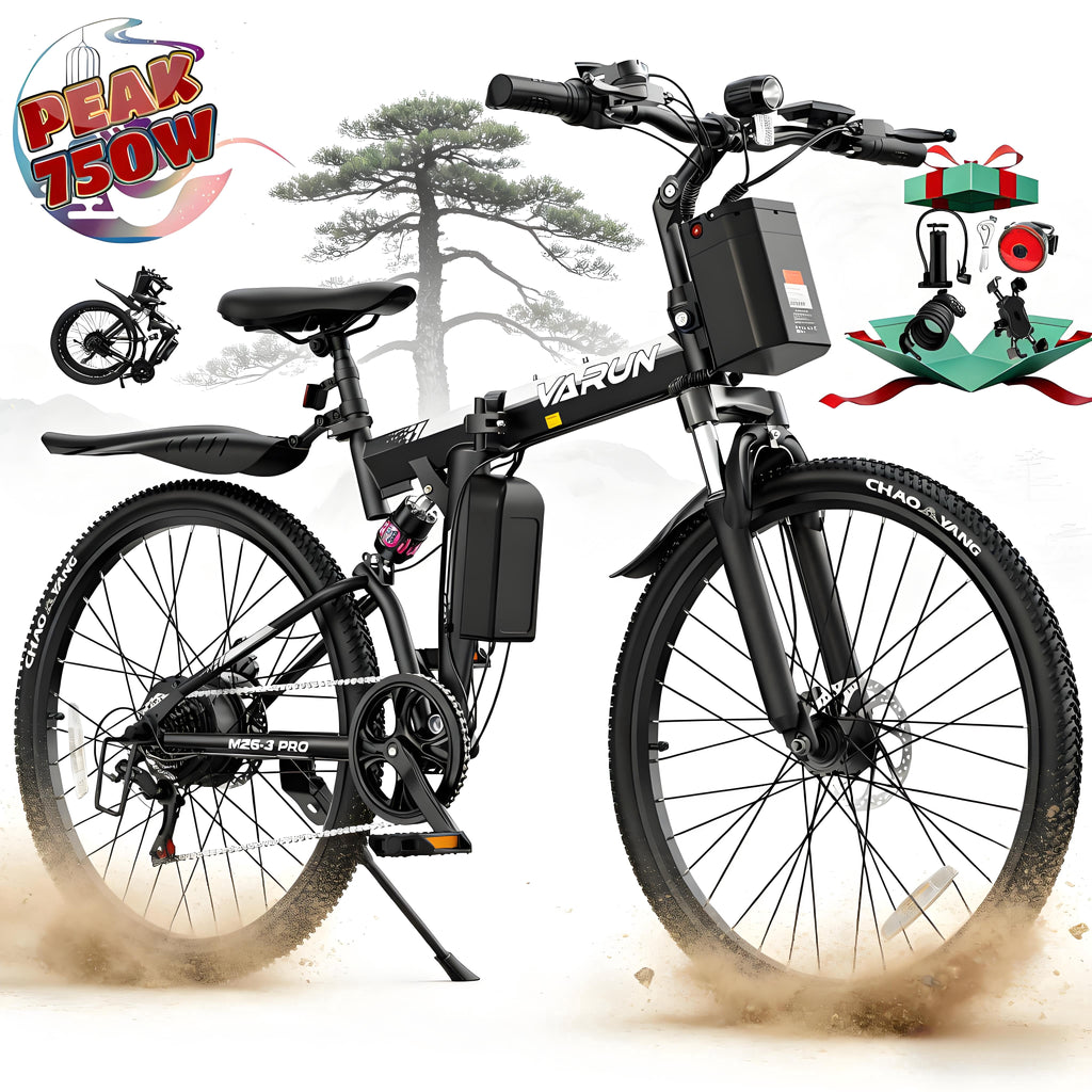 VARUN Electric Bike, 26 Foldable Ebike, Peak 750W Motor, 48V 374.4Wh Battery, up to 20+mph 50 Miles, 7 Speeds with Bike Pump, Phone Holder & Bike Lock & Rear Light, E Bike for Adult, UL2849(Black)