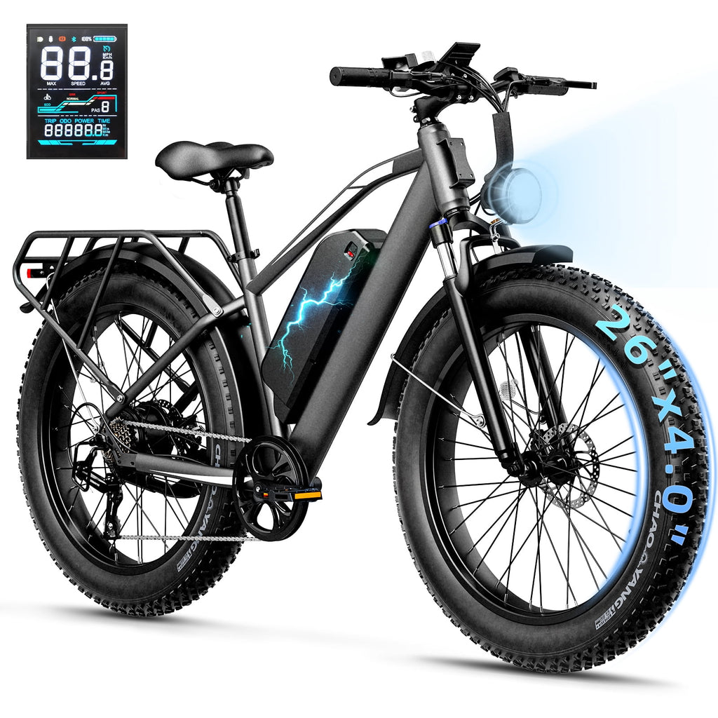 YareYi Electric Bike for Adults 26, 2000W Peak E-Mountain Bicycle, 28MPH Fat Tire Ebike, 48V 15Ah Removable Battery, 7 Speed and Front Suspension with Rear Rack UL2849
