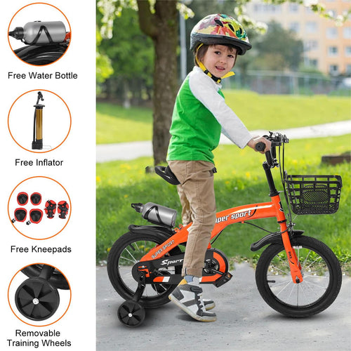 16 Kids Bike with Training Wheels, Height Adjustable Kid's Bicycle with Basket/Water Bottle/Inflator/Bell, Gifts for Girls Boys Toddlers Kids 3-8 YO