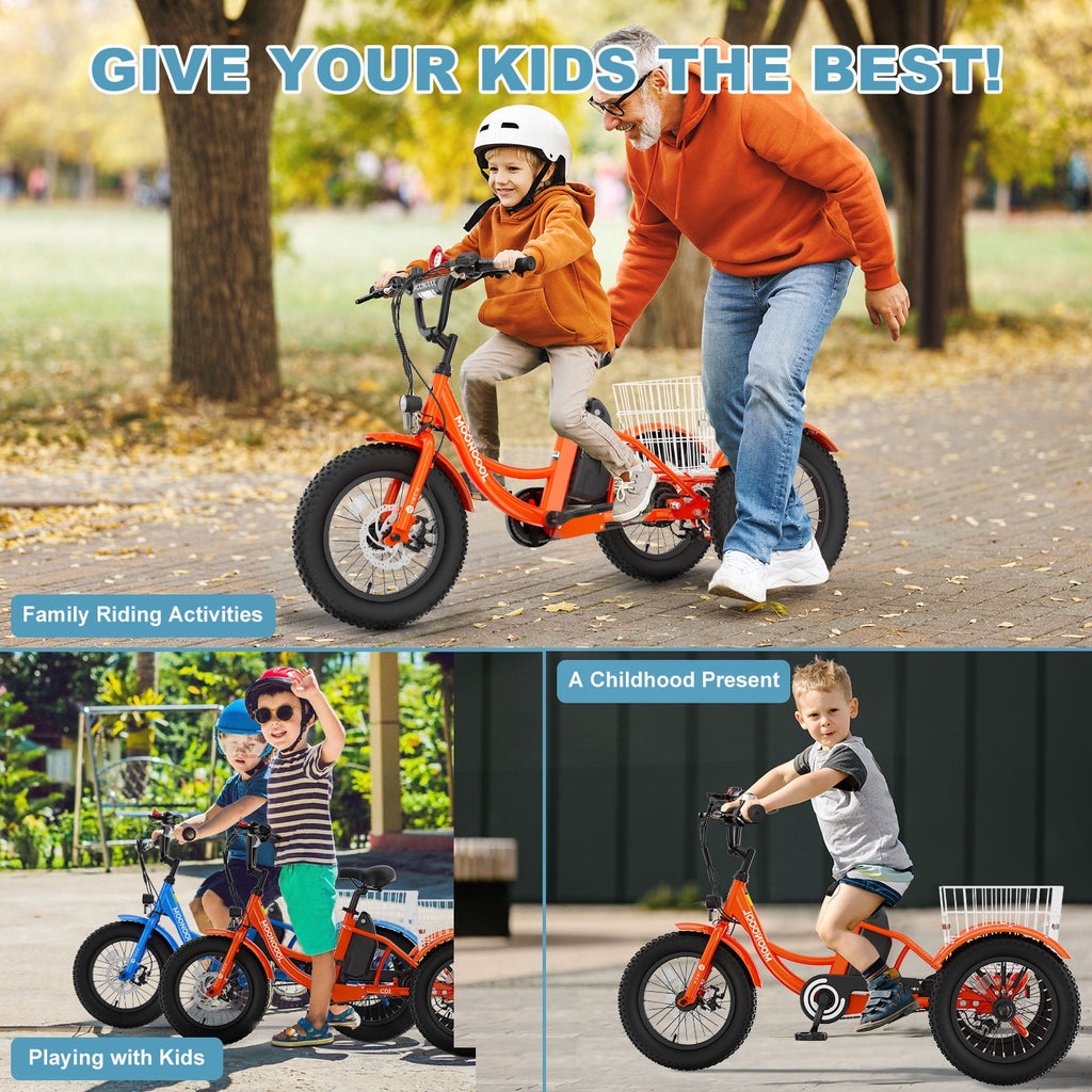 MOONCOOL Electric Tricycle for Kids ,16x3 3 Wheel 250W 10.4Ah Etrike W/ LED headlight & Rear Basket & horn bell & DIY stickers，6/9/12.5 MPH
