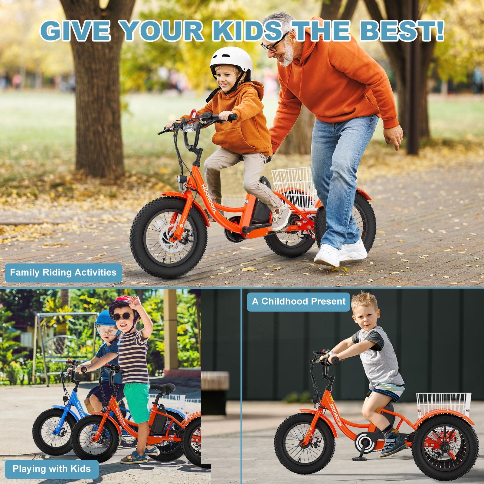 MOONCOOL Electric Tricycle for Kids ,16x3 3 Wheel 250W 10.4Ah Etrike W/ LED headlight & Rear Basket & horn bell & DIY stickers，6/9/12.5 MPH