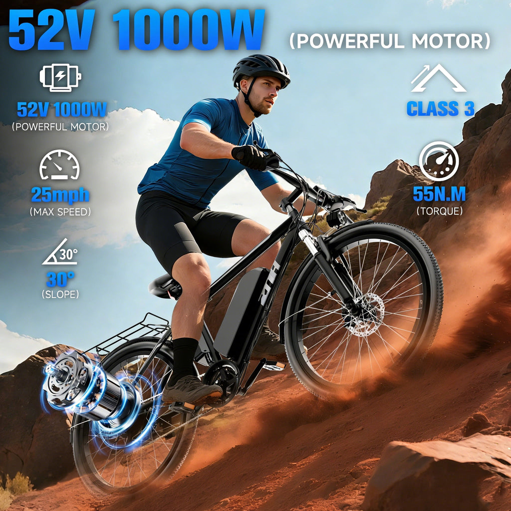 ZNH 1000w Peak Electric Bike for Adults – Electric Mountain Bike w 52V 13Ah Removable Battery ,26 off-road Ebike, Shimano 21-Speed, UL 2849，Black