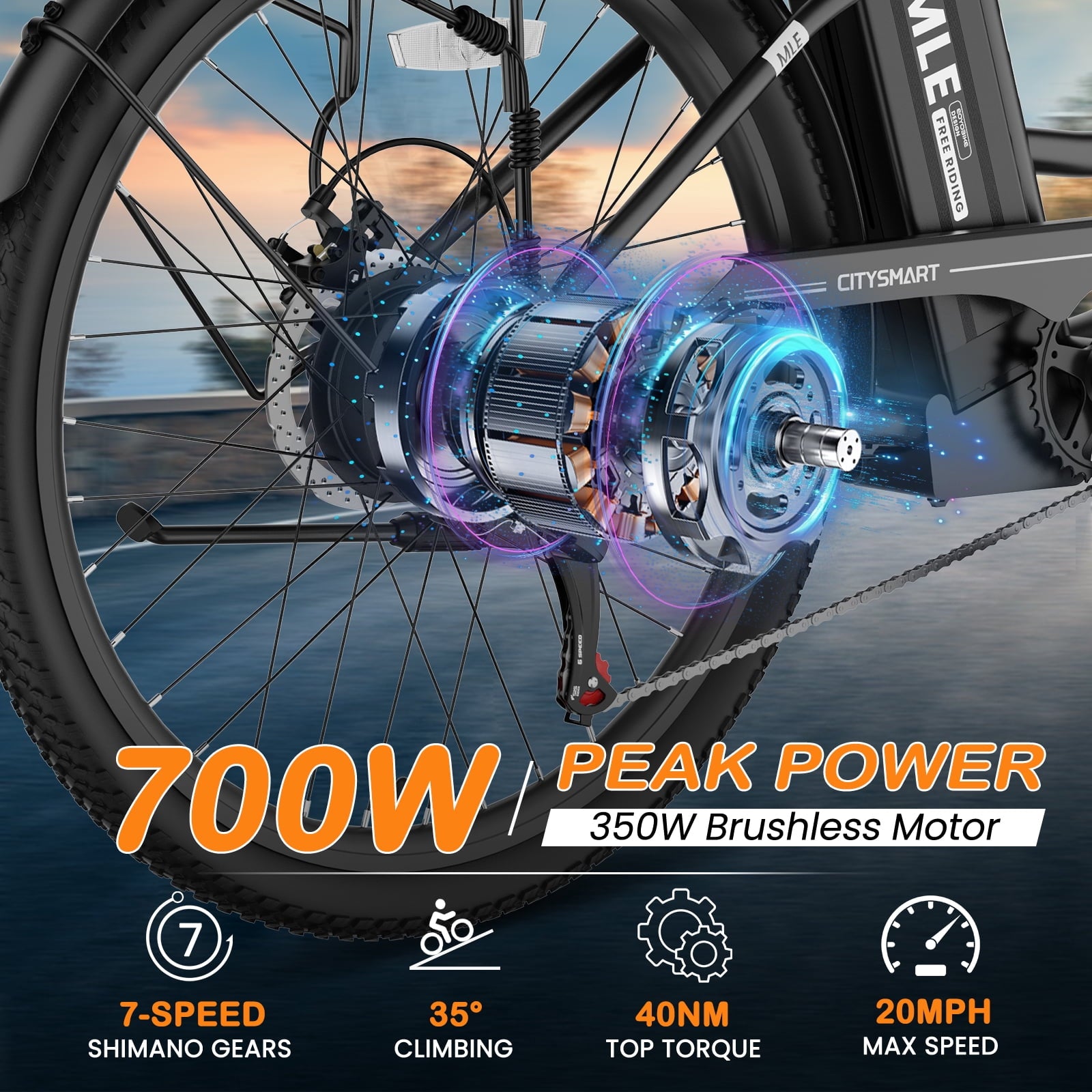 MOONCOOL Electric Bicycle for Adults 350W , 7-Speed Ebike with 36V 10.4Ah Removable Battery， 40 Miles Range , 20 mph Electric Commuter Bike for Women Men