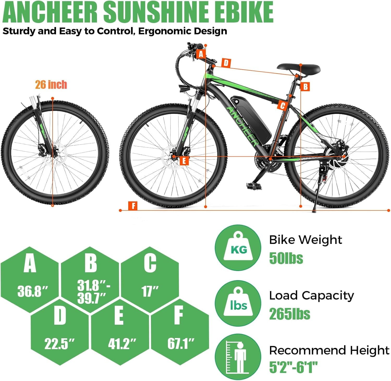 ANCHEER Electric Bike ,26 Electric Bike for Adults Electric Bicycles, 500W Electric Mountain Bike, 48V Commuter Ebike 48V Battery Ebike UL 2849, Lockable Suspension Fork, Shimano 21 Speed