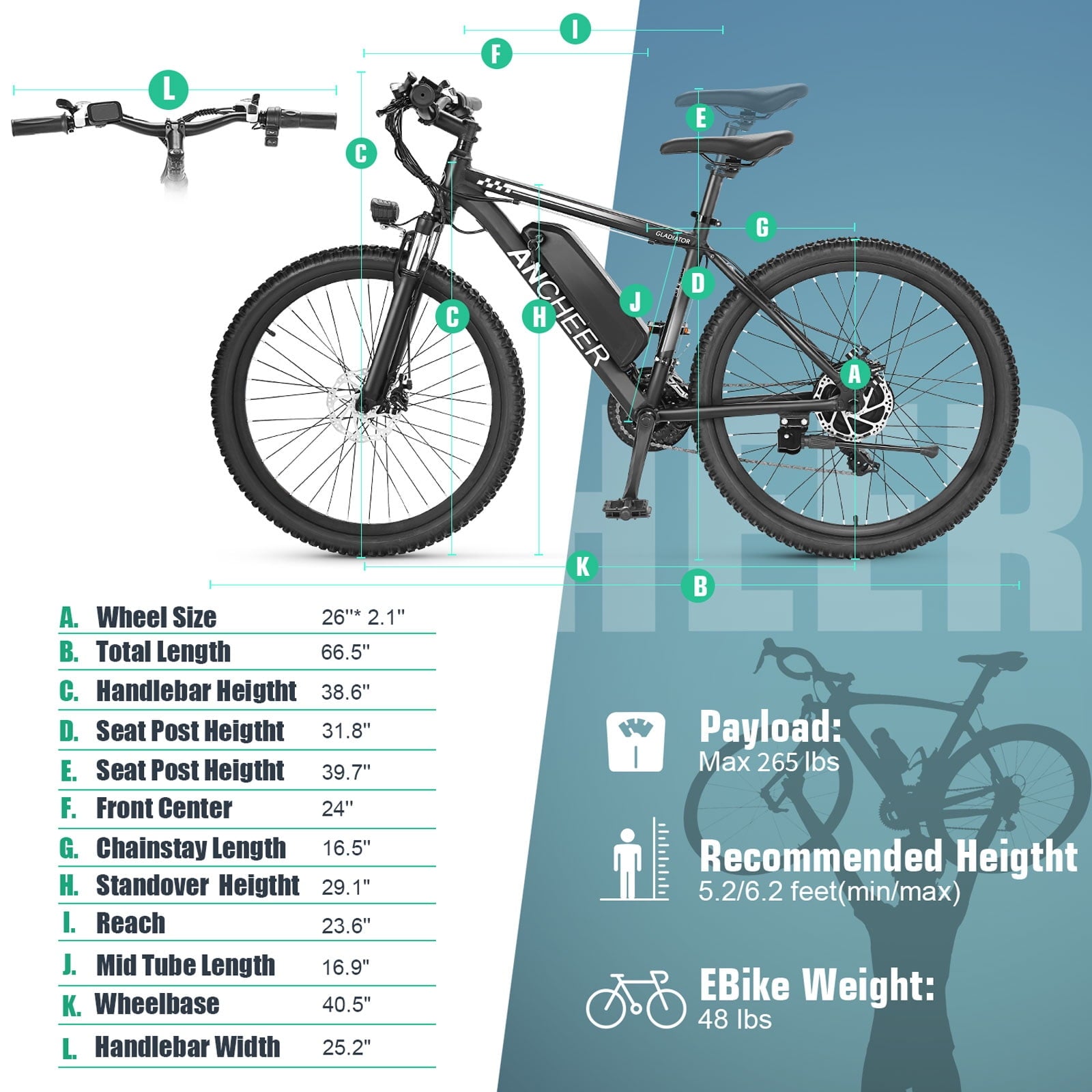 ANCHEER Gladiator 500W 26 Electric Bike for Adults, Electric Mountain Bike with 2.1 Inch eMTB Tire, 48V 10.4Ah Battery, 3H Fast Charge, Shimano 21 Speed, Adults Electric Bicycle UL2849